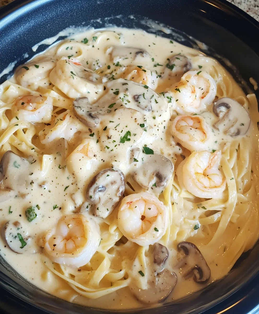 Shrimp and Mushroom Linguine with Creamy Cheese Herb Sauce