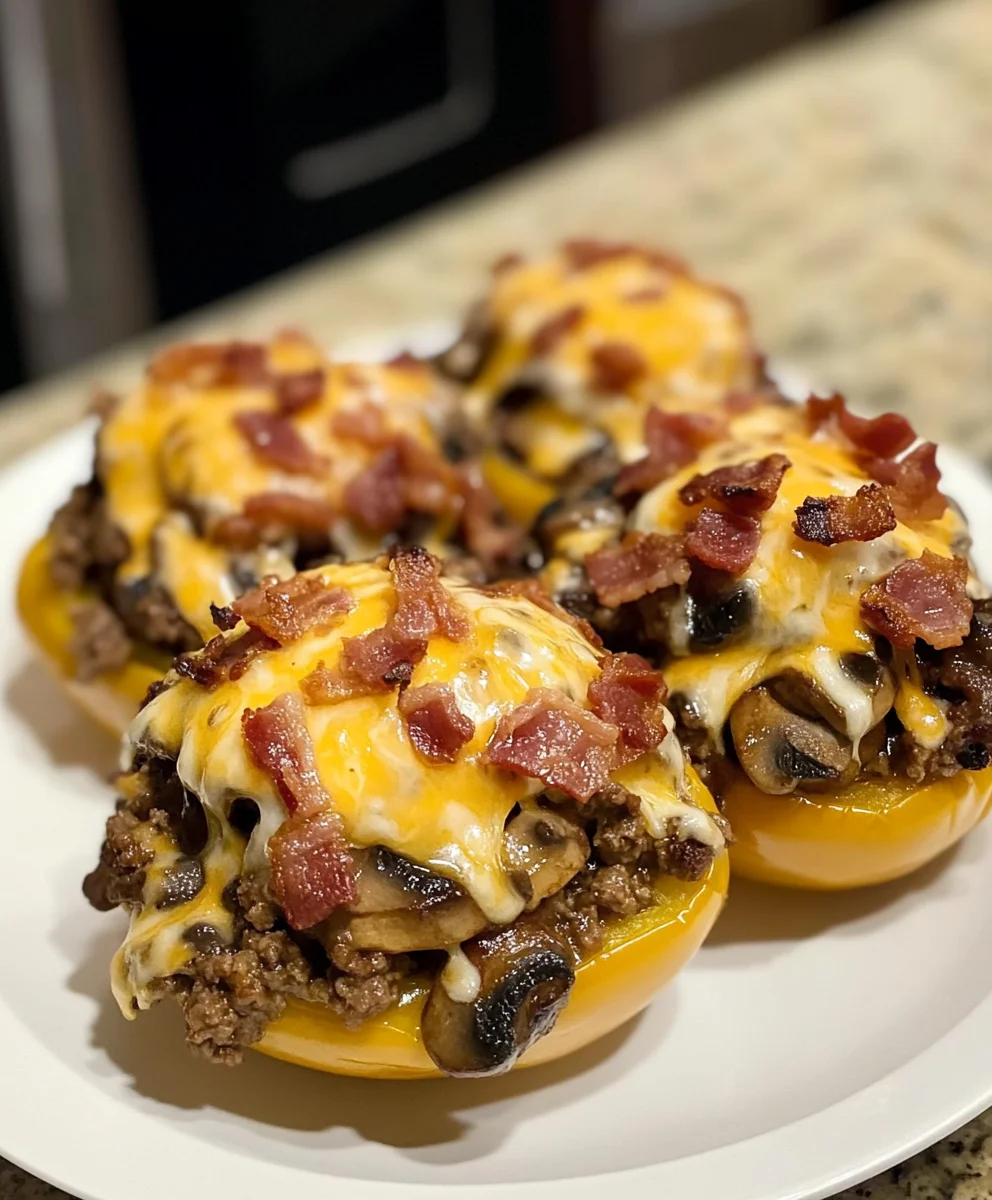 Mushroom BBQ Bacon Cheeseburger Stuffed Peppers