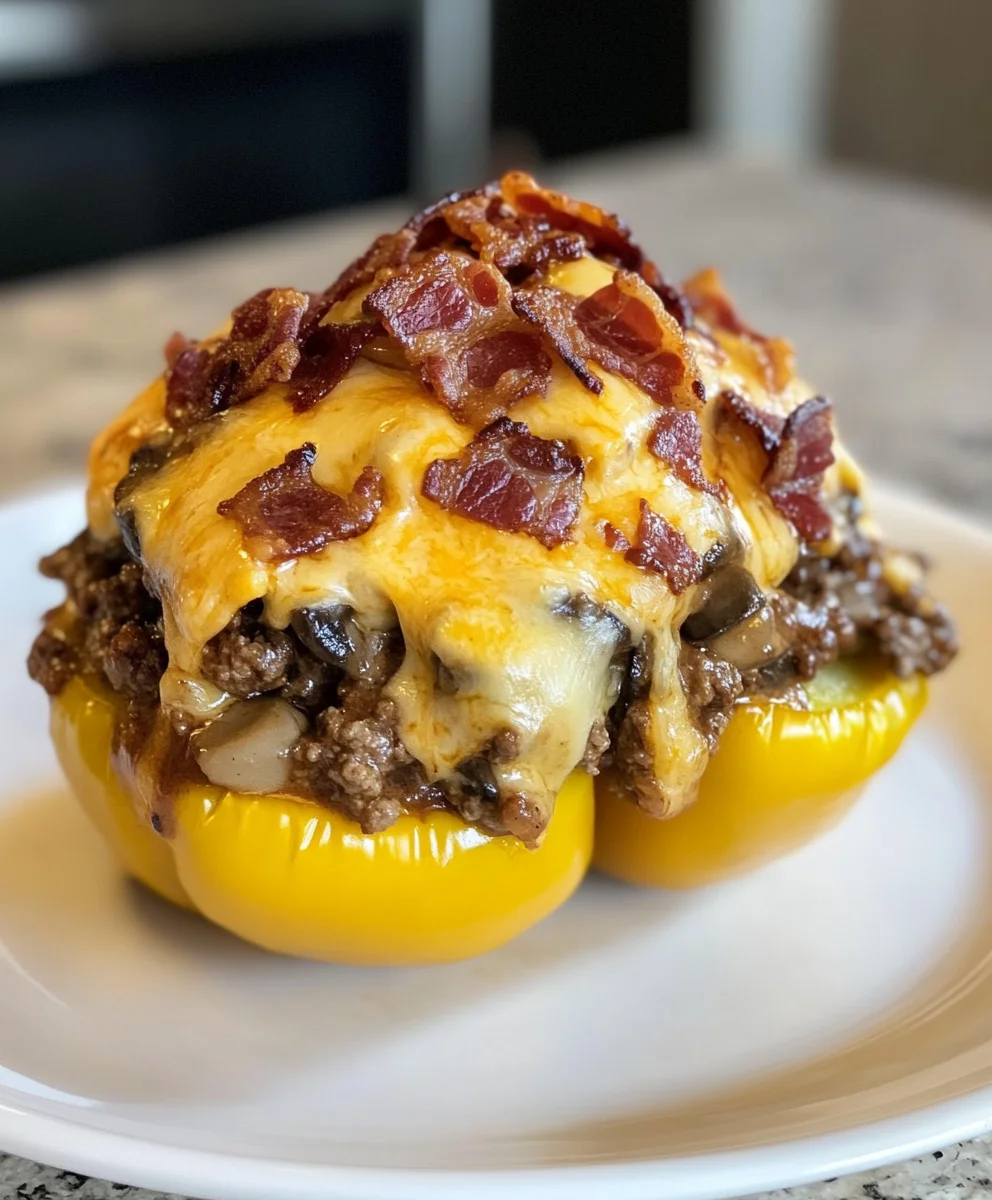 Mushroom BBQ Bacon Cheeseburger Stuffed Peppers