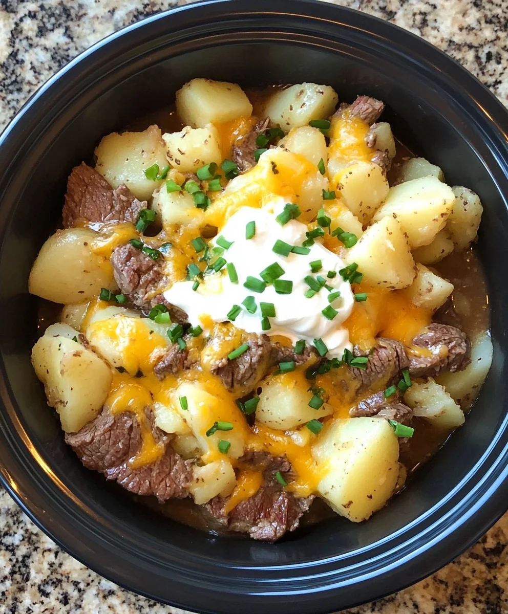 Crockpot Loaded Steak and Potato Bake